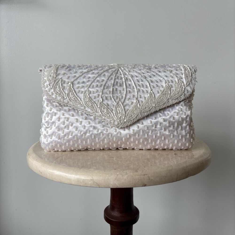 Vintage Beaded White Envelope Clutch | Made in Macau